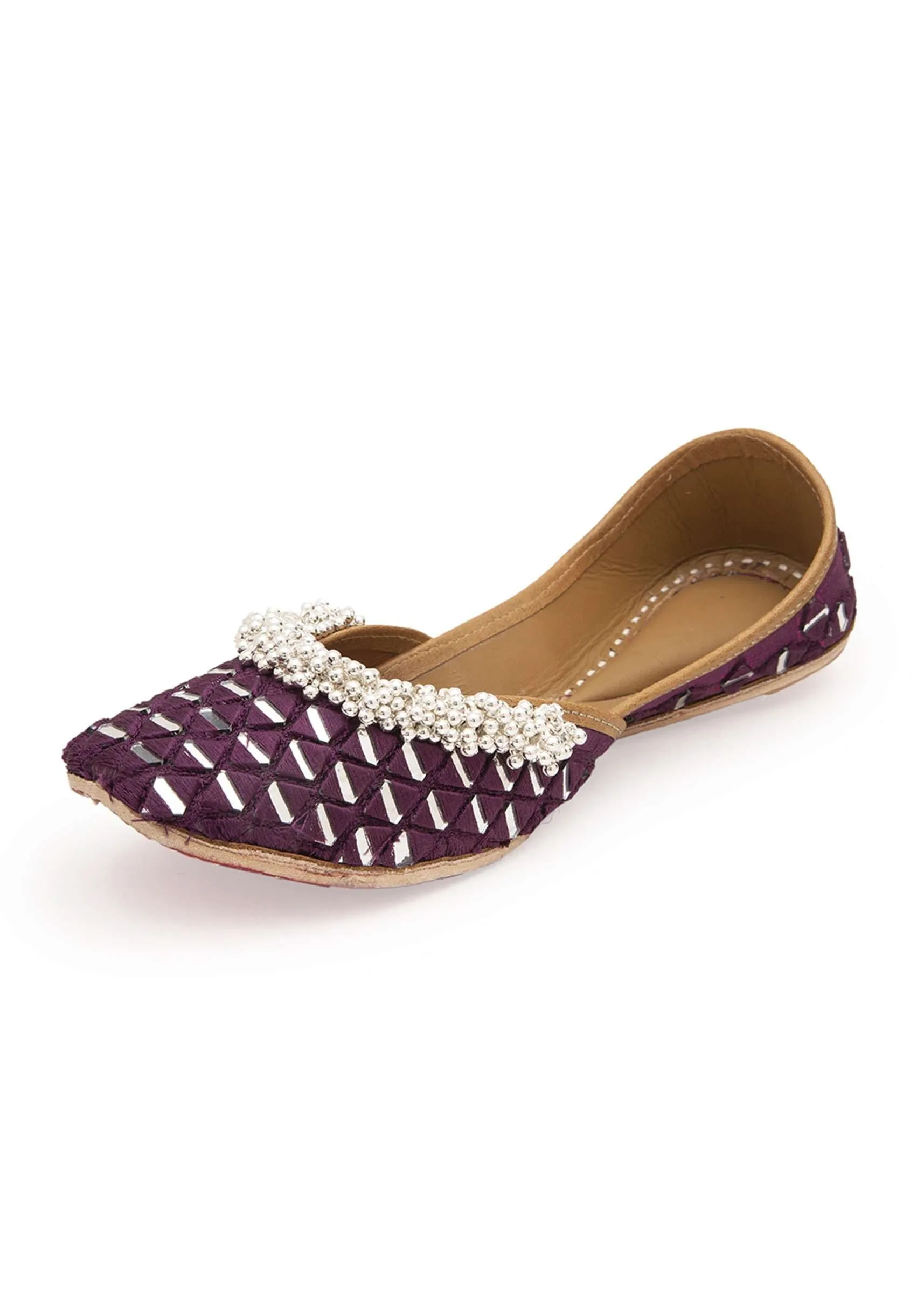 Handcrafted Purple Juttis In Silk With Mirror And Silver Embellishment