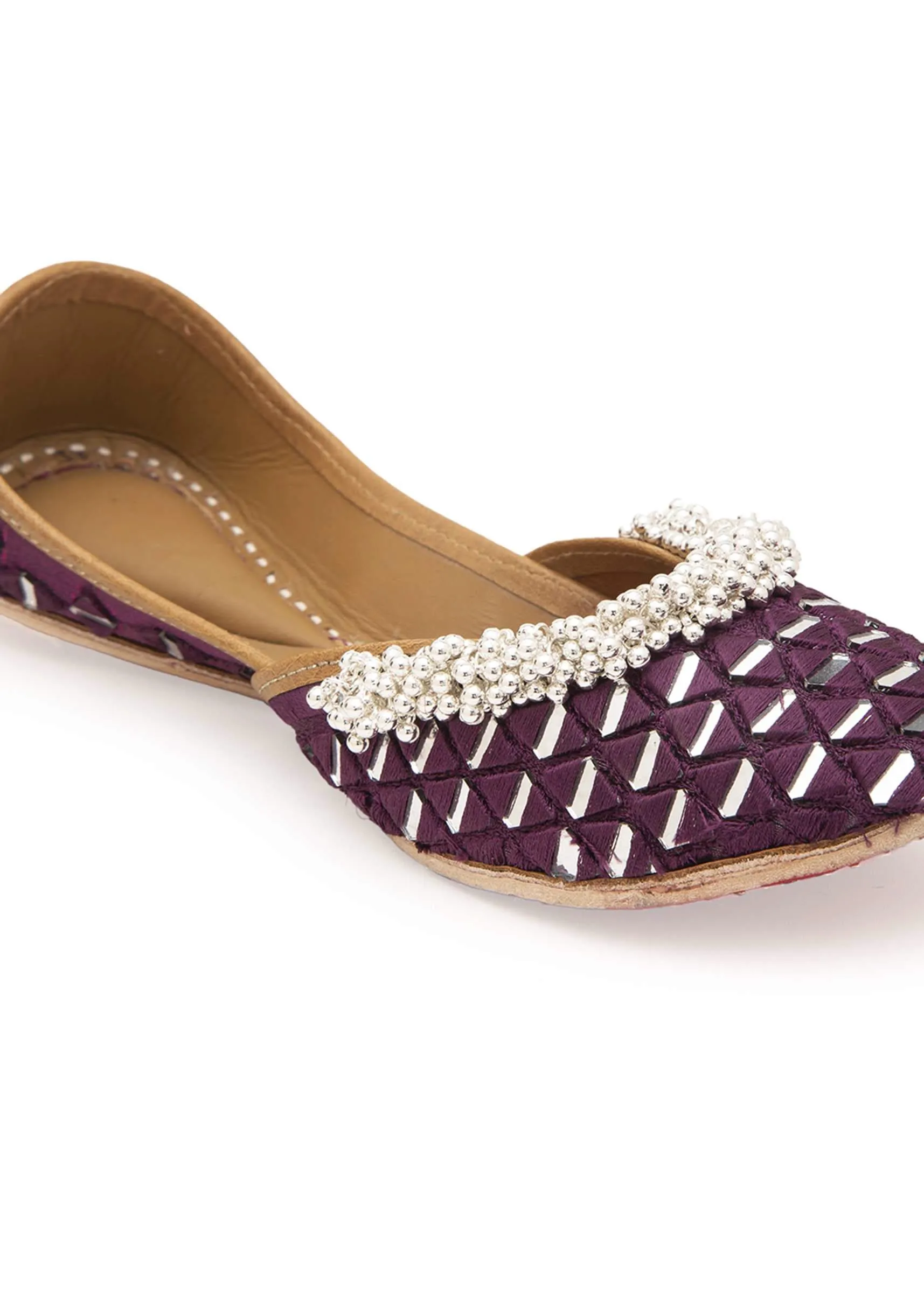 Handcrafted Purple Juttis In Silk With Mirror And Silver Embellishment