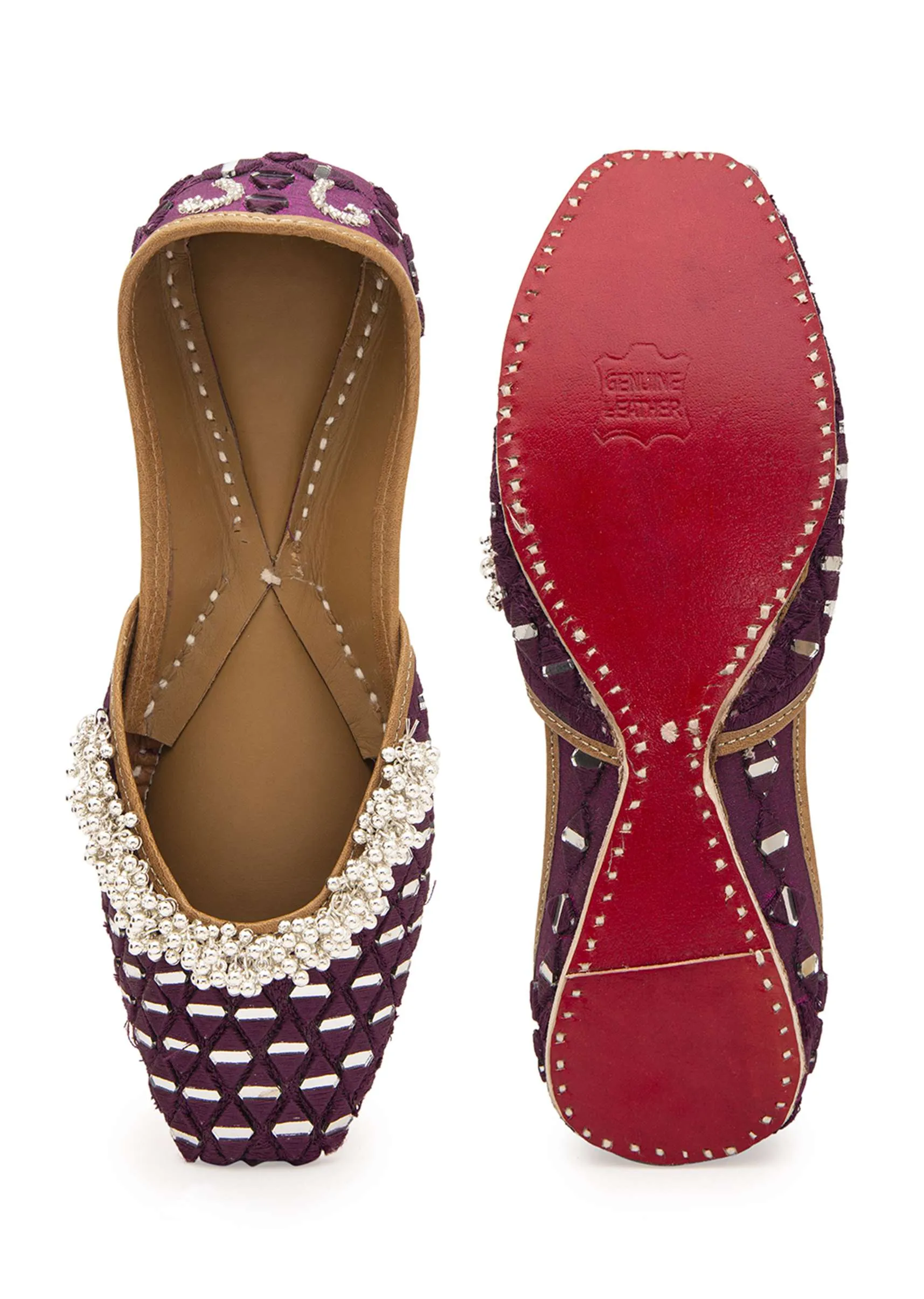 Handcrafted Purple Juttis In Silk With Mirror And Silver Embellishment