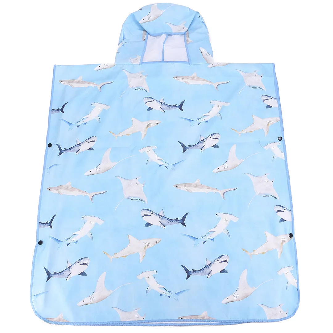 Hooded Beach Towel Poncho Teenager Happy Sharks Blue