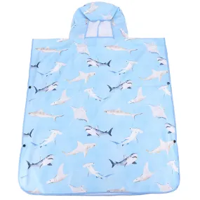 Hooded Beach Towel Poncho Teenager Happy Sharks Blue