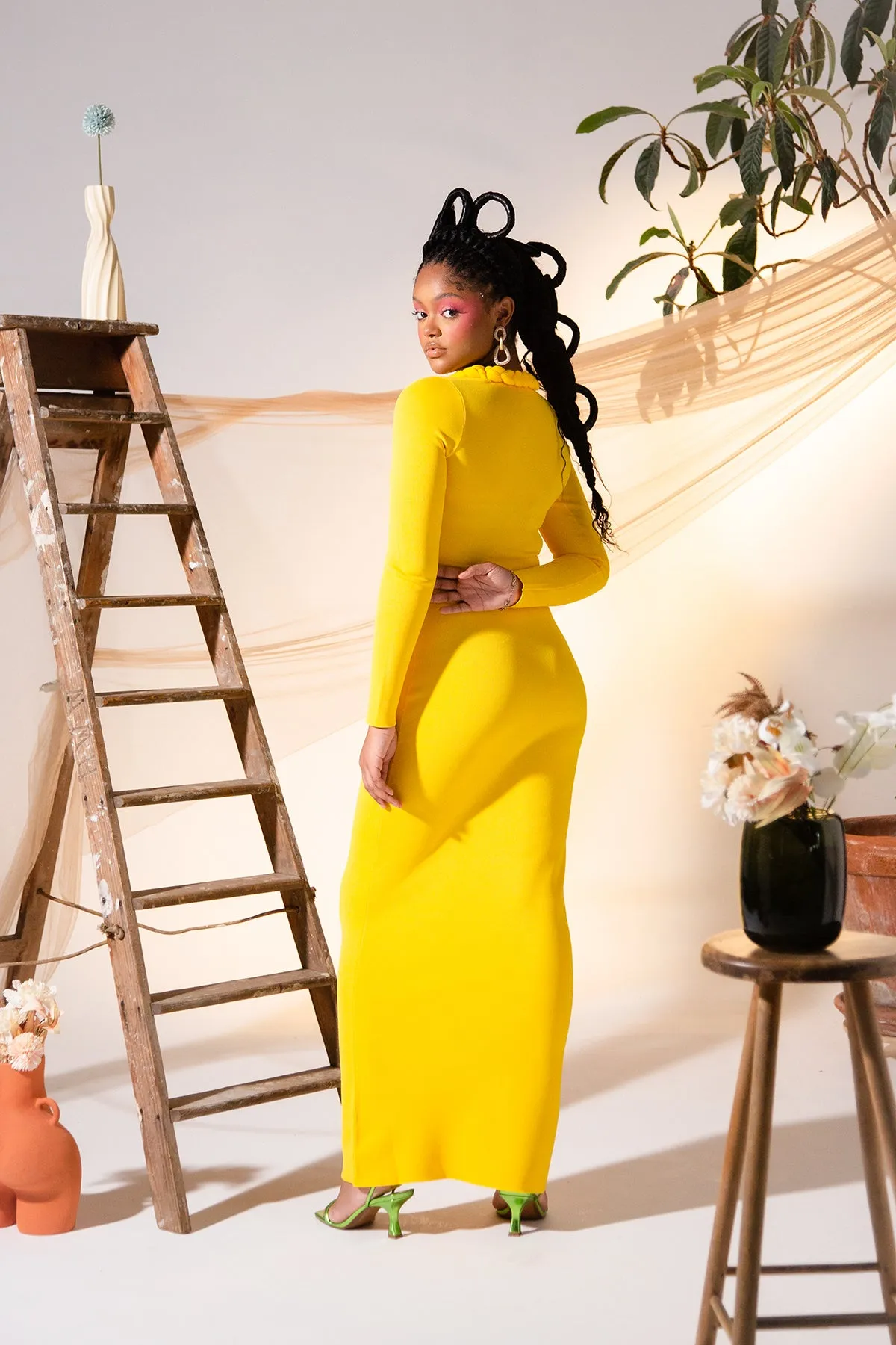 Imade Knitted Long Sleeve Braid Dress - Yellow