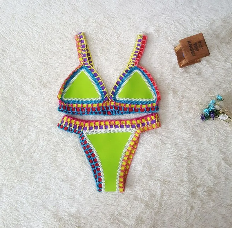 Pastel Rainbow Bohemian Trim Crochet Bathing Suit Swimsuit Sets