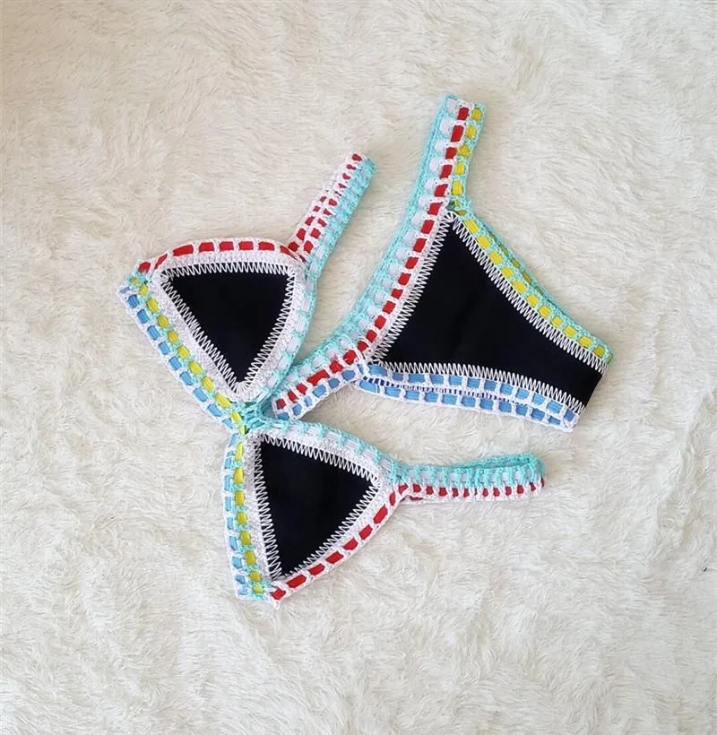 Pastel Rainbow Bohemian Trim Crochet Bathing Suit Swimsuit Sets