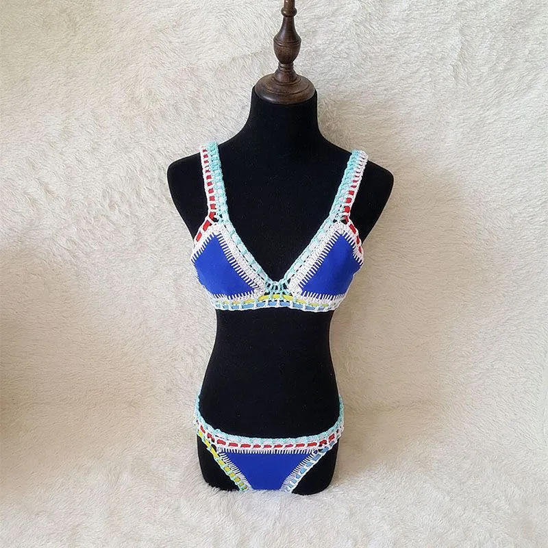 Pastel Rainbow Bohemian Trim Crochet Bathing Suit Swimsuit Sets