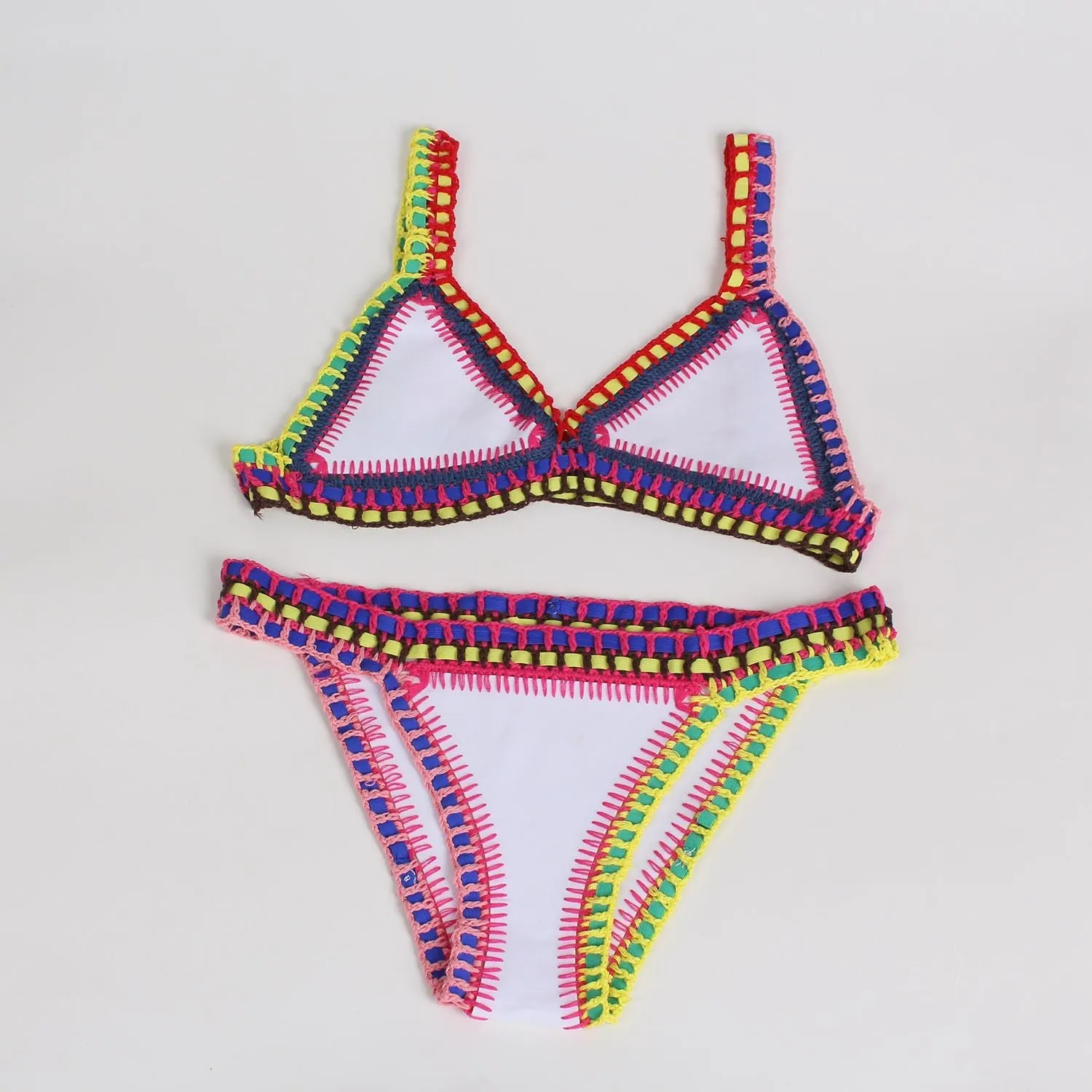 Pastel Rainbow Bohemian Trim Crochet Bathing Suit Swimsuit Sets