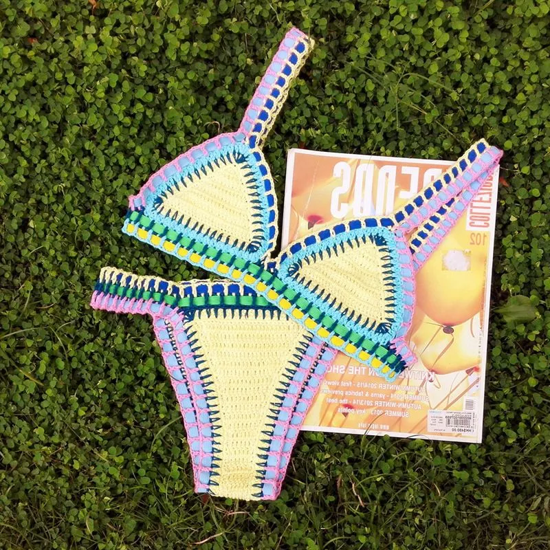 Pastel Rainbow Bohemian Trim Crochet Bathing Suit Swimsuit Sets