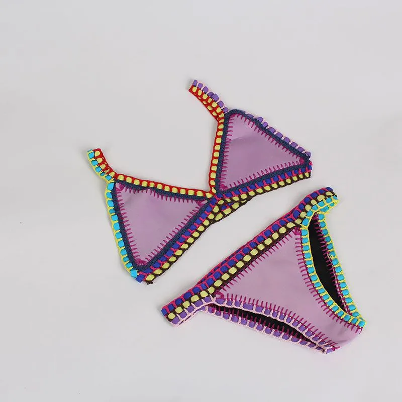 Pastel Rainbow Bohemian Trim Crochet Bathing Suit Swimsuit Sets