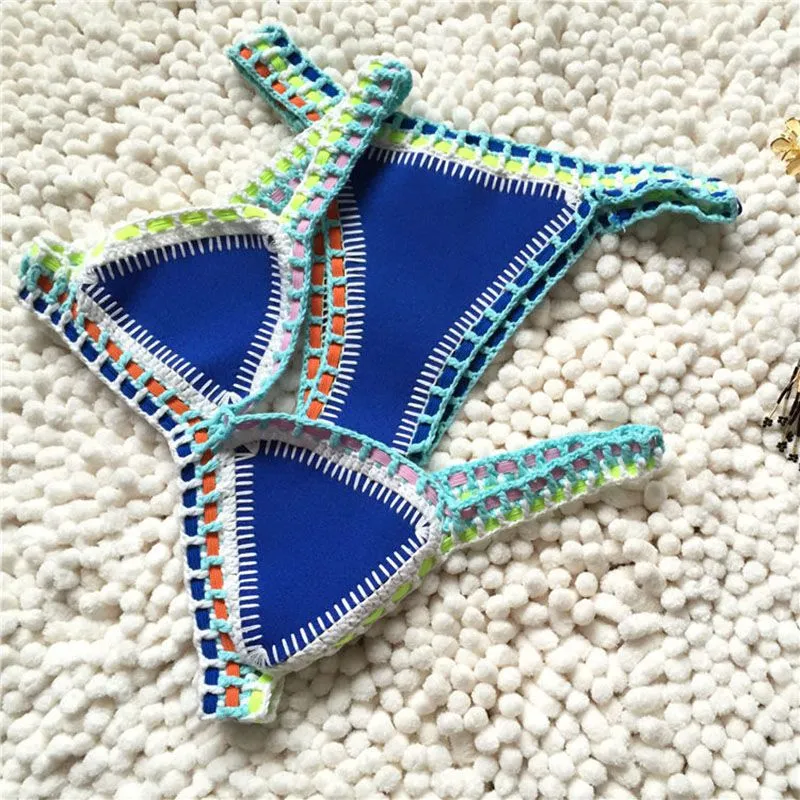 Pastel Rainbow Bohemian Trim Crochet Bathing Suit Swimsuit Sets