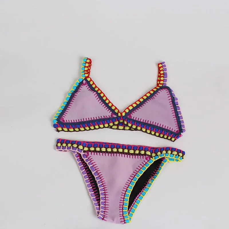Pastel Rainbow Bohemian Trim Crochet Bathing Suit Swimsuit Sets