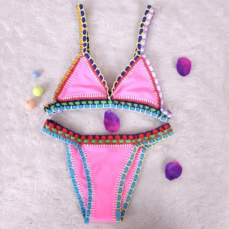 Pastel Rainbow Bohemian Trim Crochet Bathing Suit Swimsuit Sets