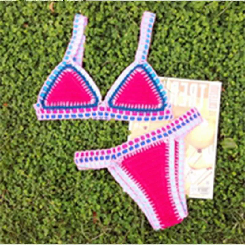 Pastel Rainbow Bohemian Trim Crochet Bathing Suit Swimsuit Sets