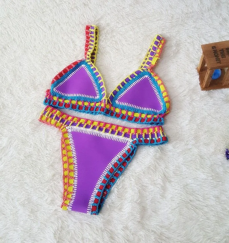 Pastel Rainbow Bohemian Trim Crochet Bathing Suit Swimsuit Sets