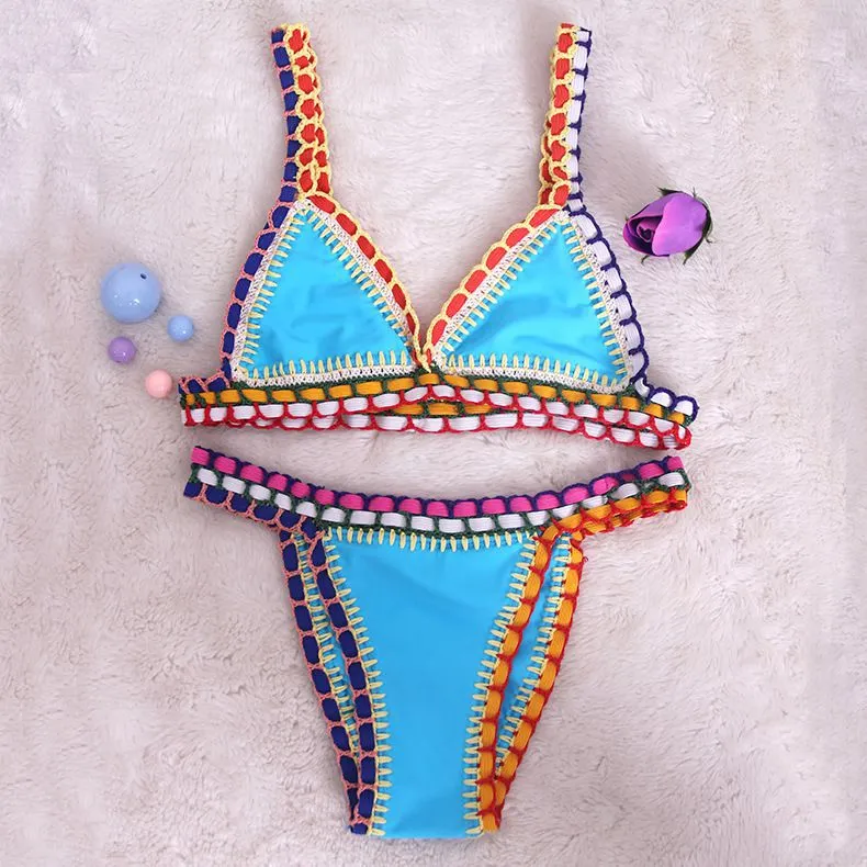 Pastel Rainbow Bohemian Trim Crochet Bathing Suit Swimsuit Sets