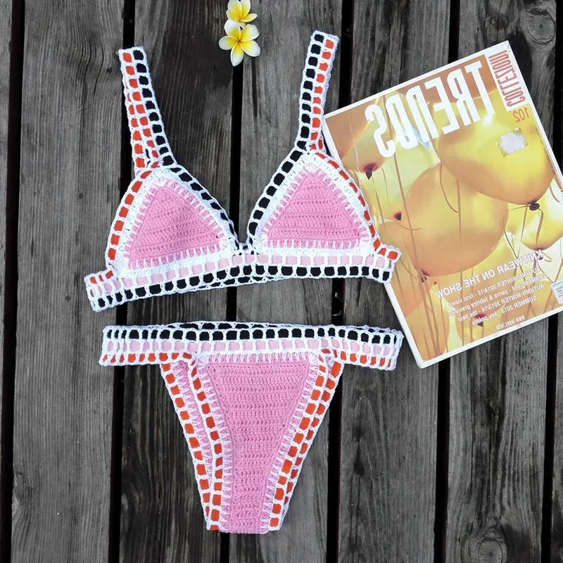 Pastel Rainbow Bohemian Trim Crochet Bathing Suit Swimsuit Sets
