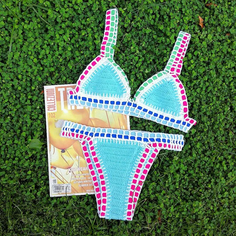 Pastel Rainbow Bohemian Trim Crochet Bathing Suit Swimsuit Sets