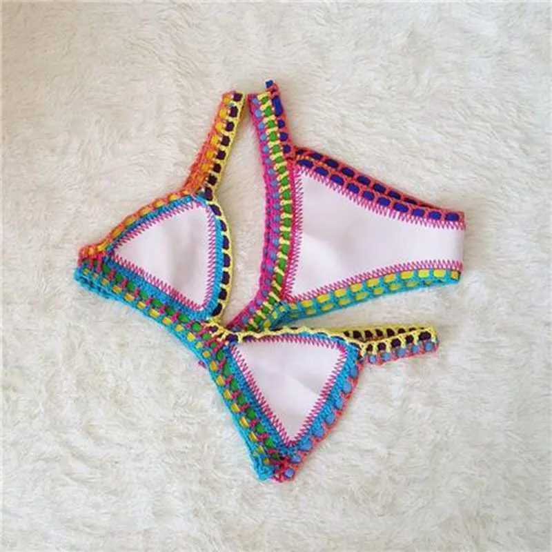 Pastel Rainbow Bohemian Trim Crochet Bathing Suit Swimsuit Sets