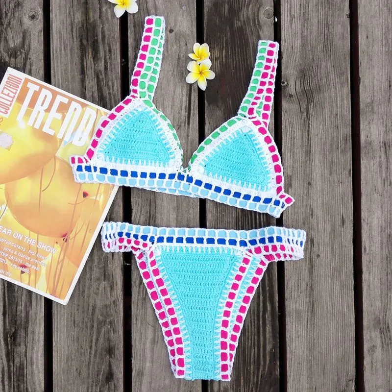 Pastel Rainbow Bohemian Trim Crochet Bathing Suit Swimsuit Sets