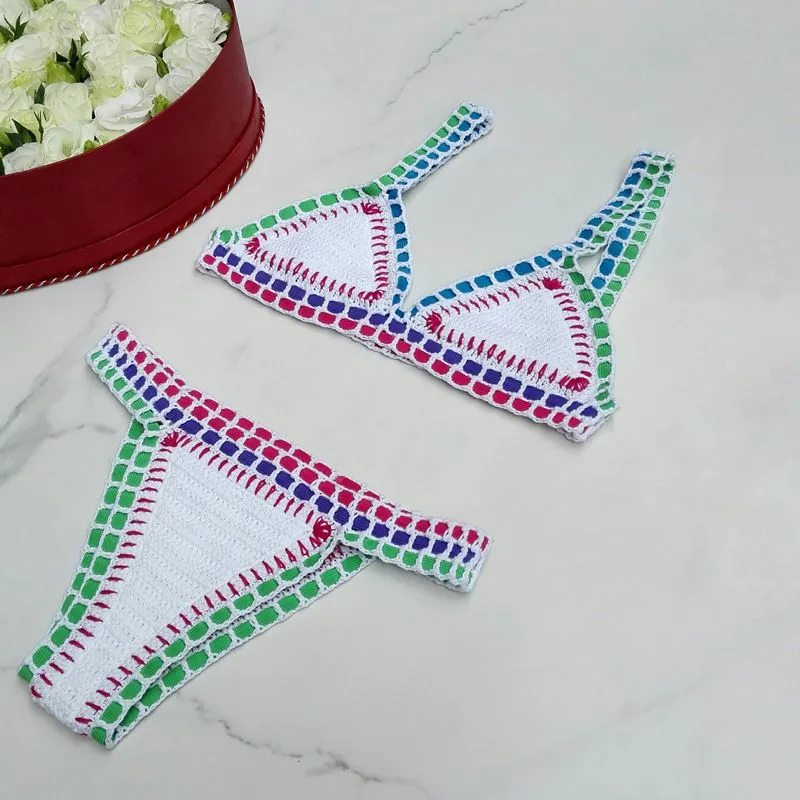 Pastel Rainbow Bohemian Trim Crochet Bathing Suit Swimsuit Sets
