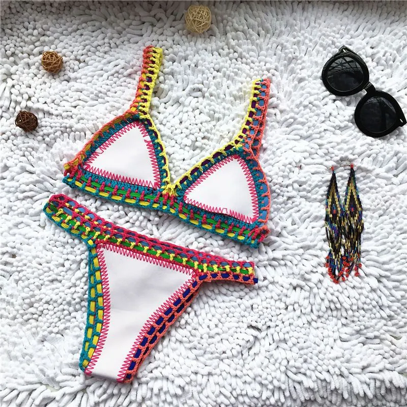 Pastel Rainbow Bohemian Trim Crochet Bathing Suit Swimsuit Sets