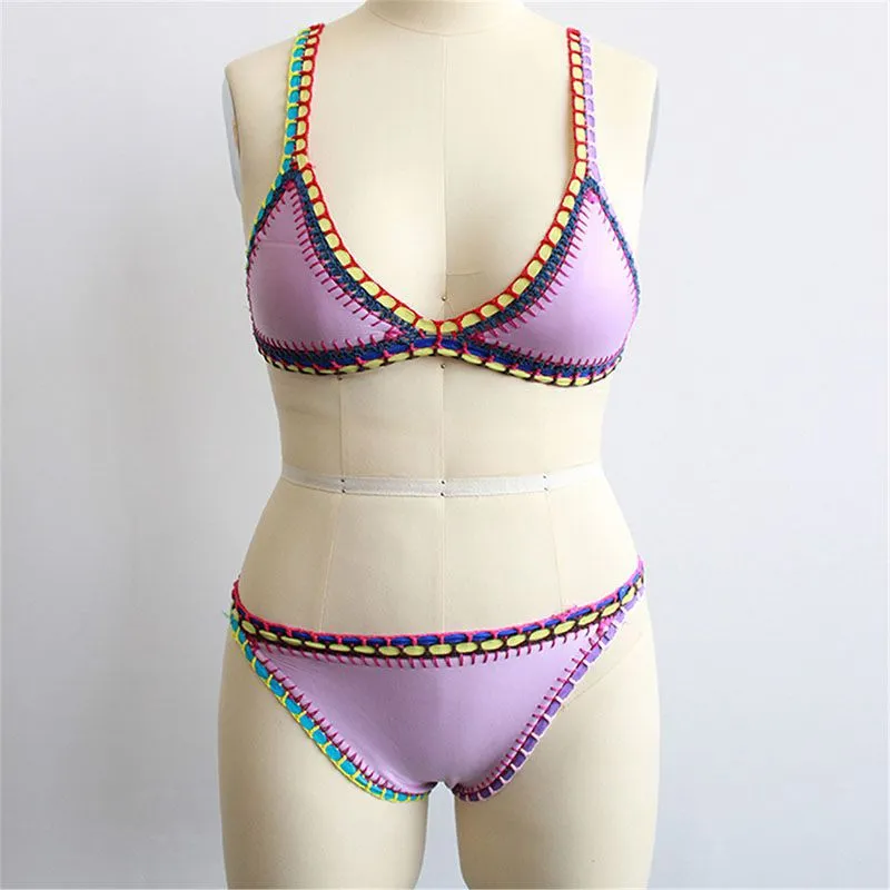 Pastel Rainbow Bohemian Trim Crochet Bathing Suit Swimsuit Sets