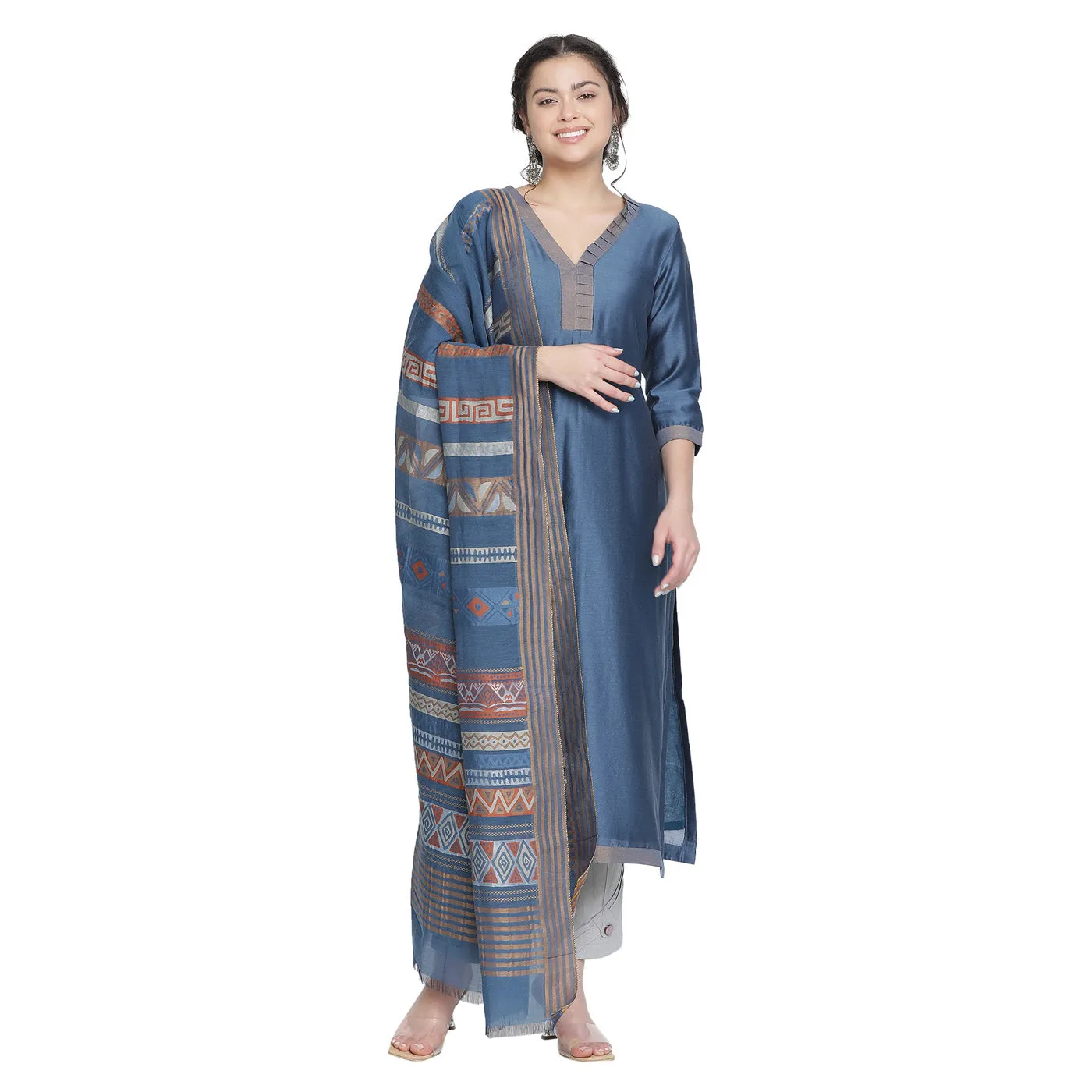 Plain Woven Cotton Silk Blue Unstitched Suit Co-ords Set