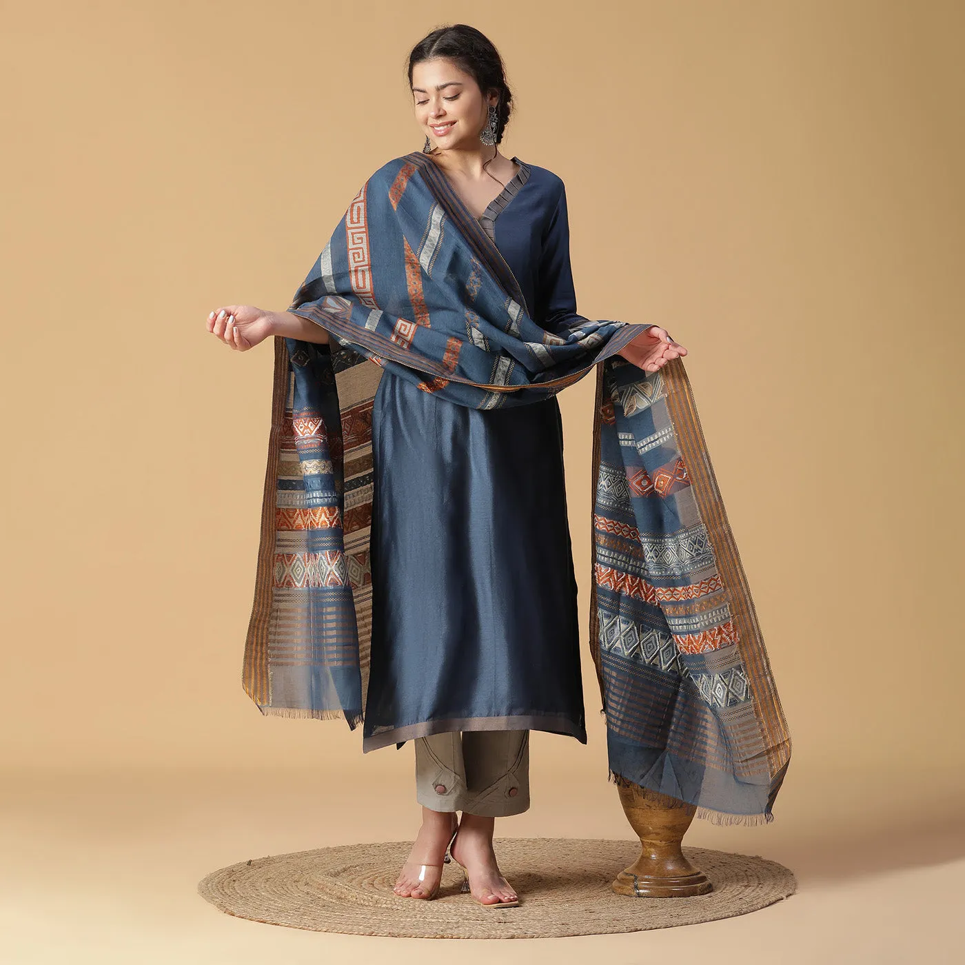 Plain Woven Cotton Silk Blue Unstitched Suit Co-ords Set
