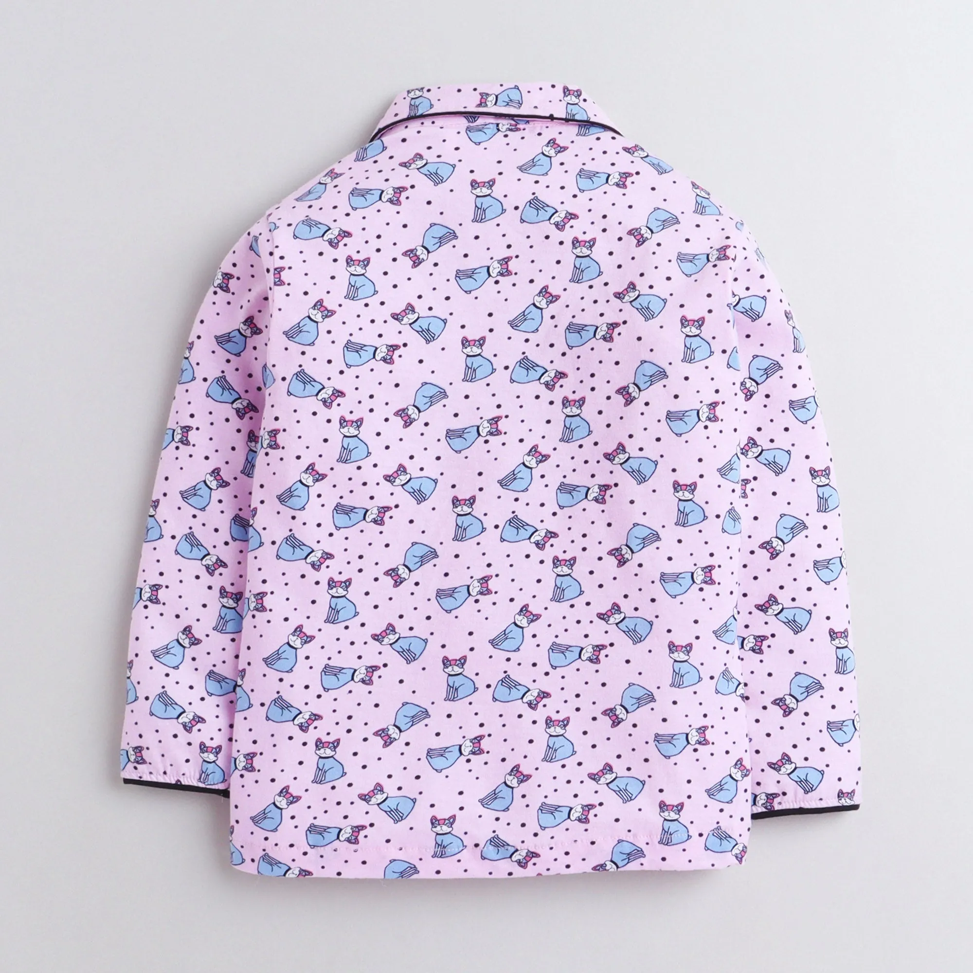 Polka Tots Full Sleeve Night Suit Pair Cat - Pink