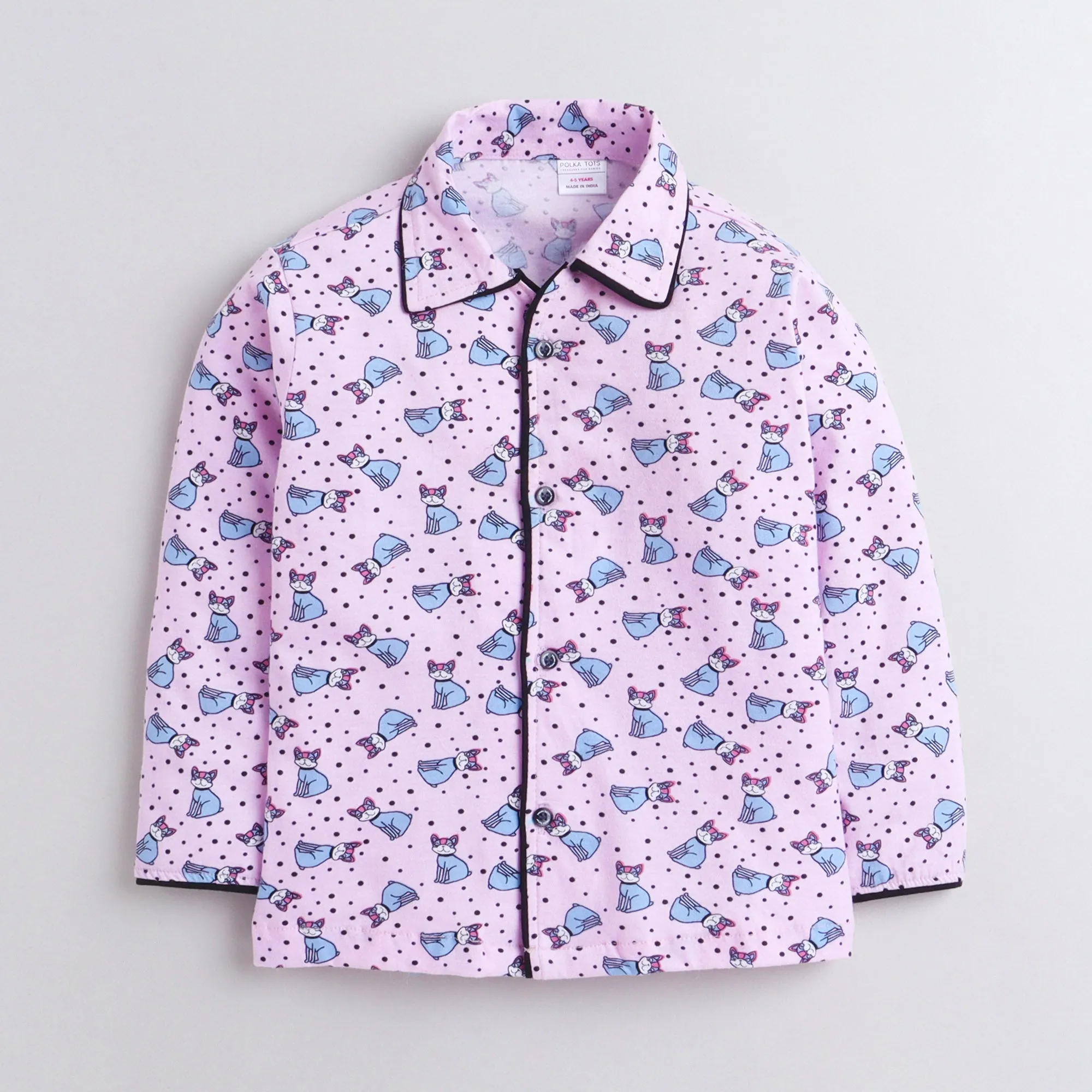 Polka Tots Full Sleeve Night Suit Pair Cat - Pink