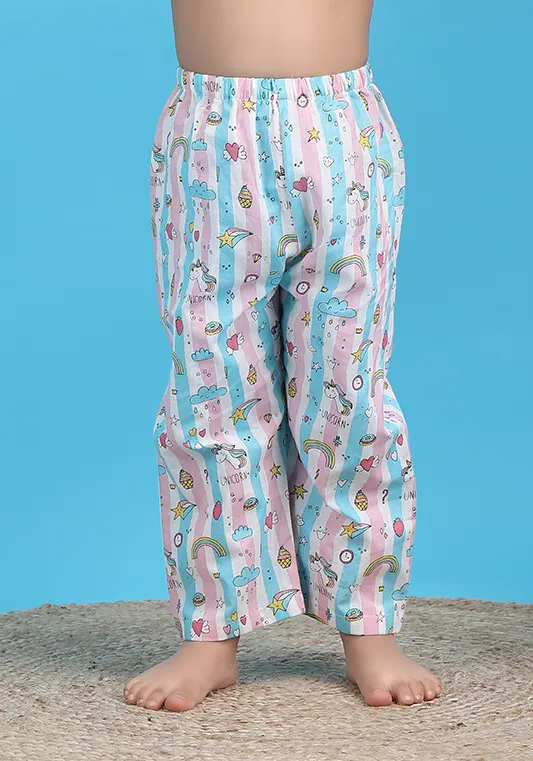 Polka Tots Full sleeves Unicorn print Stripes Night suit - Pink