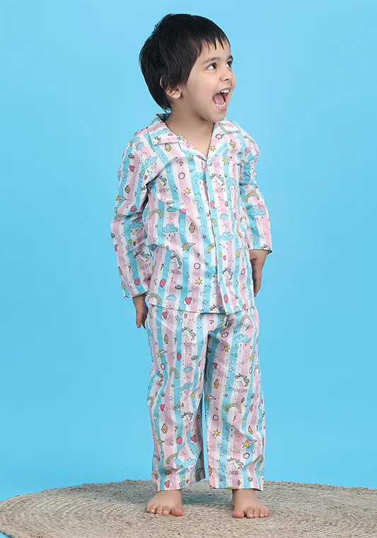 Polka Tots Full sleeves Unicorn print Stripes Night suit - Pink
