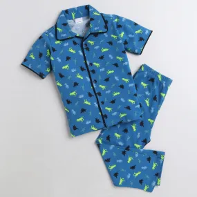 Polka Tots Half Sleeve Night Suit Cotton Pair Dinosaur - Blue
