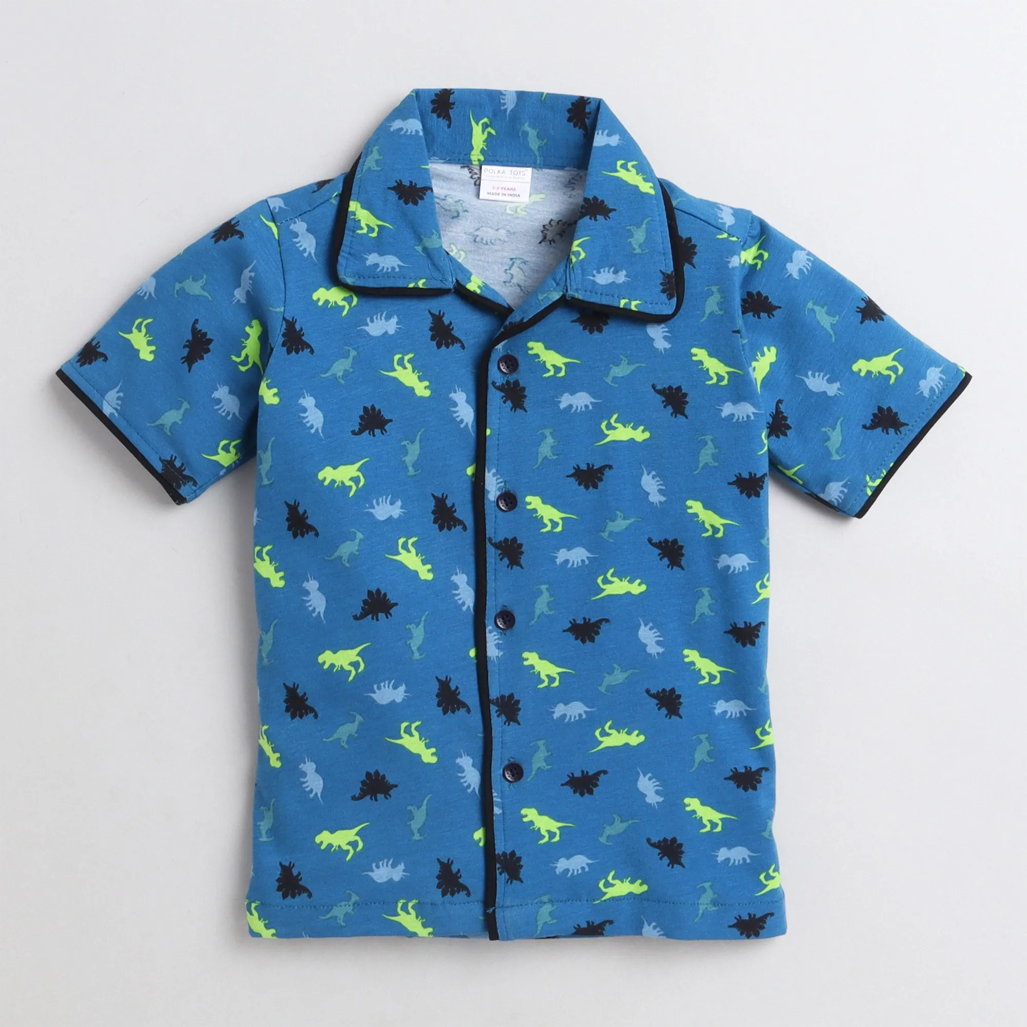 Polka Tots Half Sleeve Night Suit Cotton Pair Dinosaur - Blue