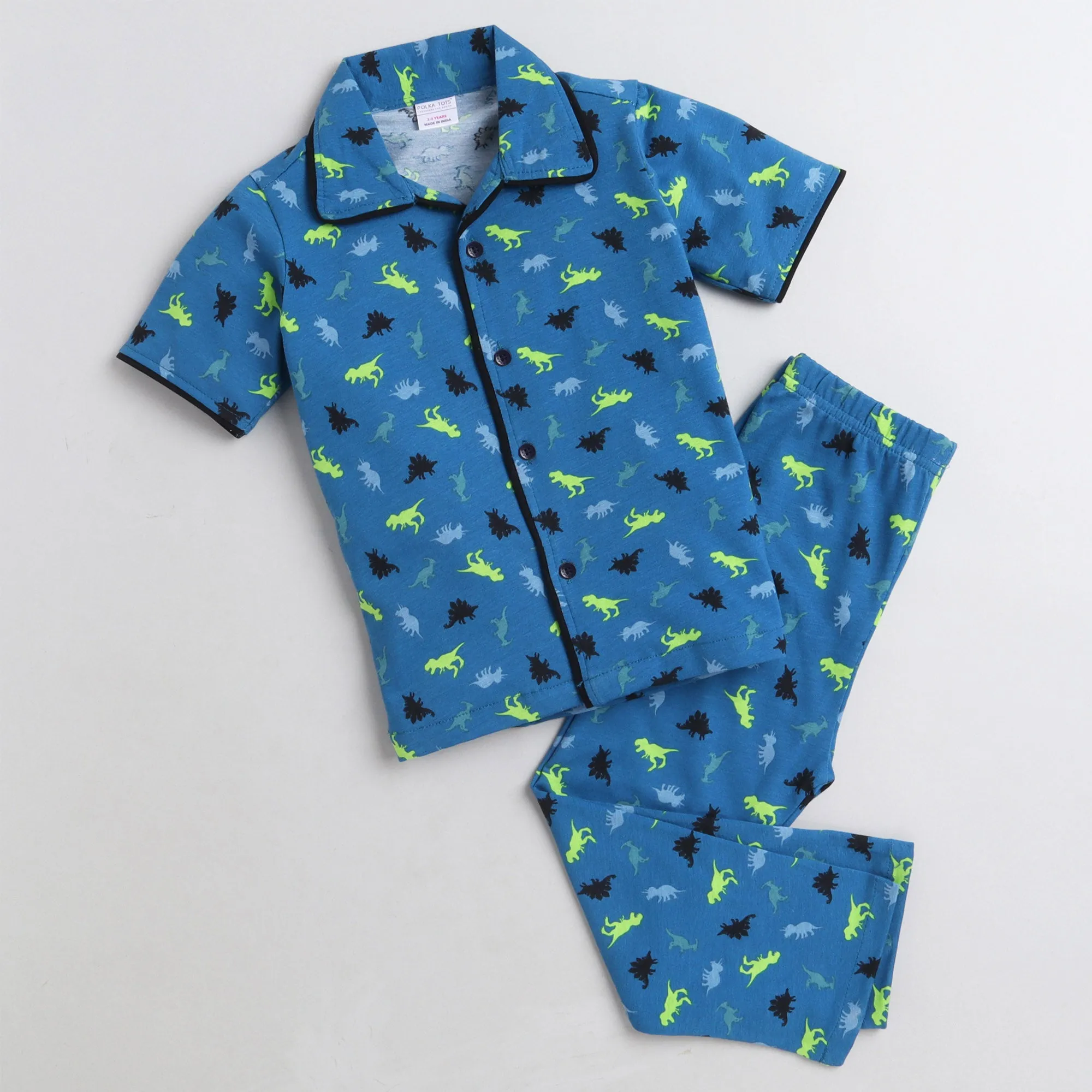 Polka Tots Half Sleeve Night Suit Cotton Pair Dinosaur - Blue