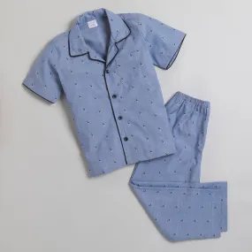 Polka Tots Half Sleeve Night Suit Pair 100% Cotton Flamingo Print   - Navy Blue