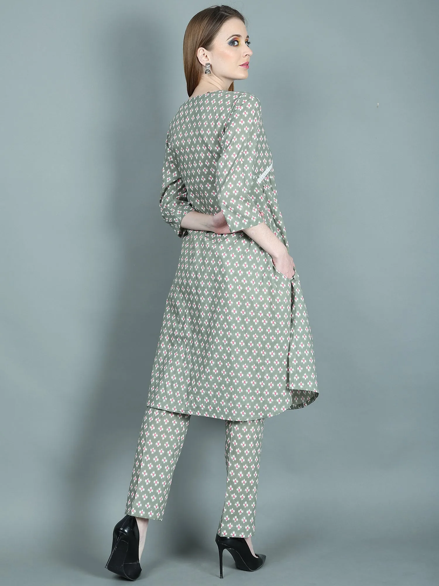 RIHANA PRINTED GREEN LONG SLEEVES COTTON SUIT WITH LACE