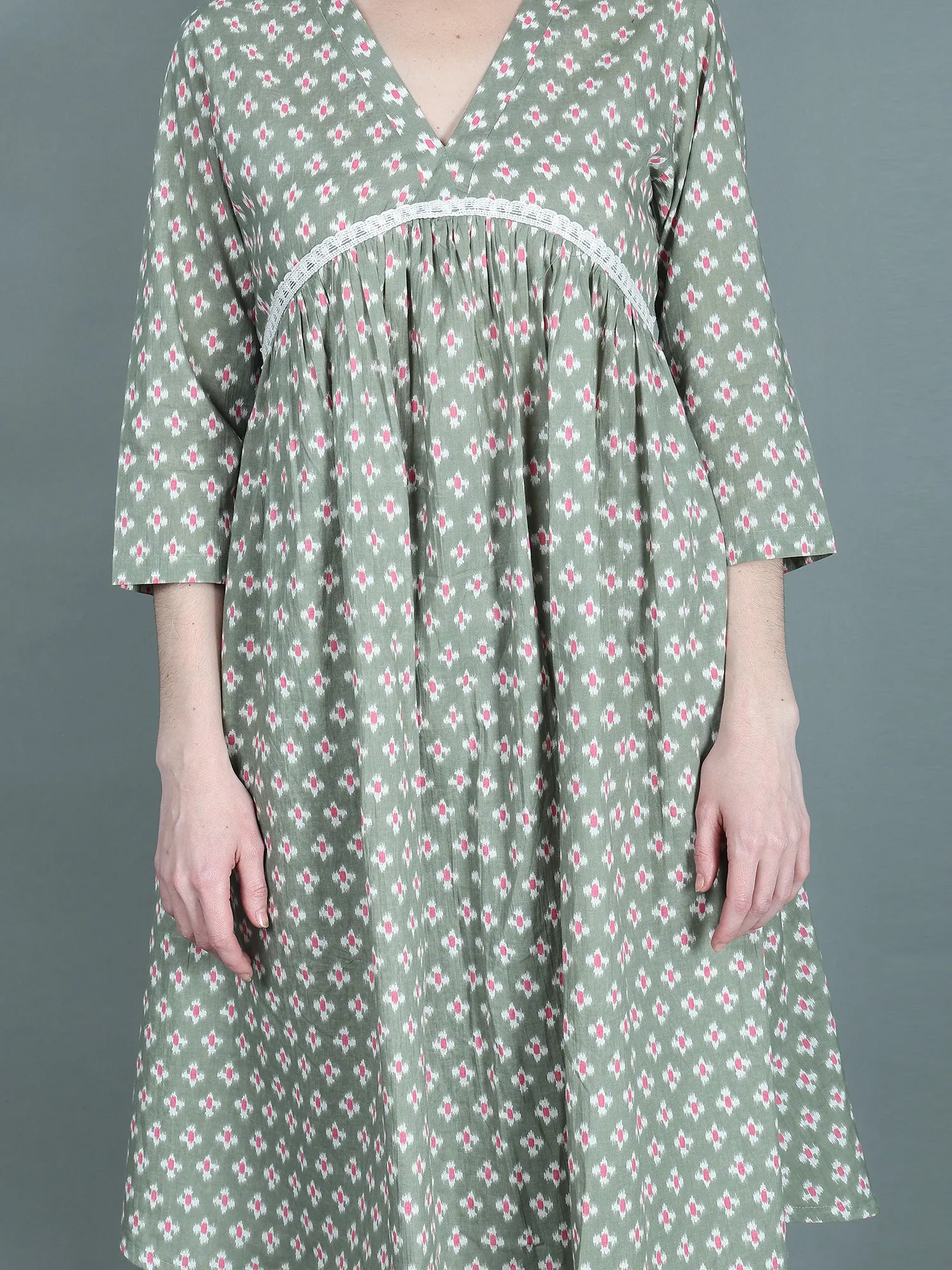 RIHANA PRINTED GREEN LONG SLEEVES COTTON SUIT WITH LACE