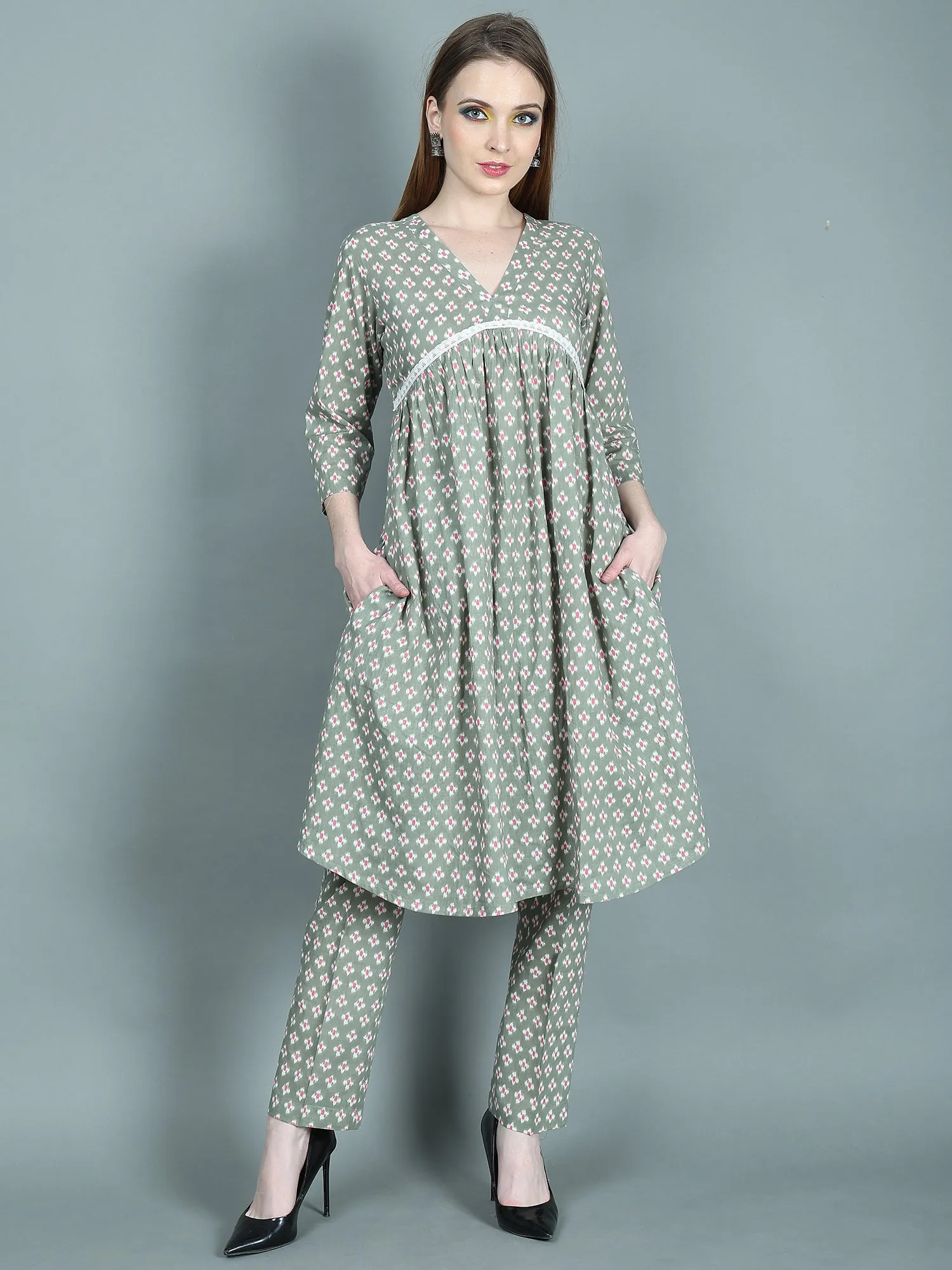 RIHANA PRINTED GREEN LONG SLEEVES COTTON SUIT WITH LACE