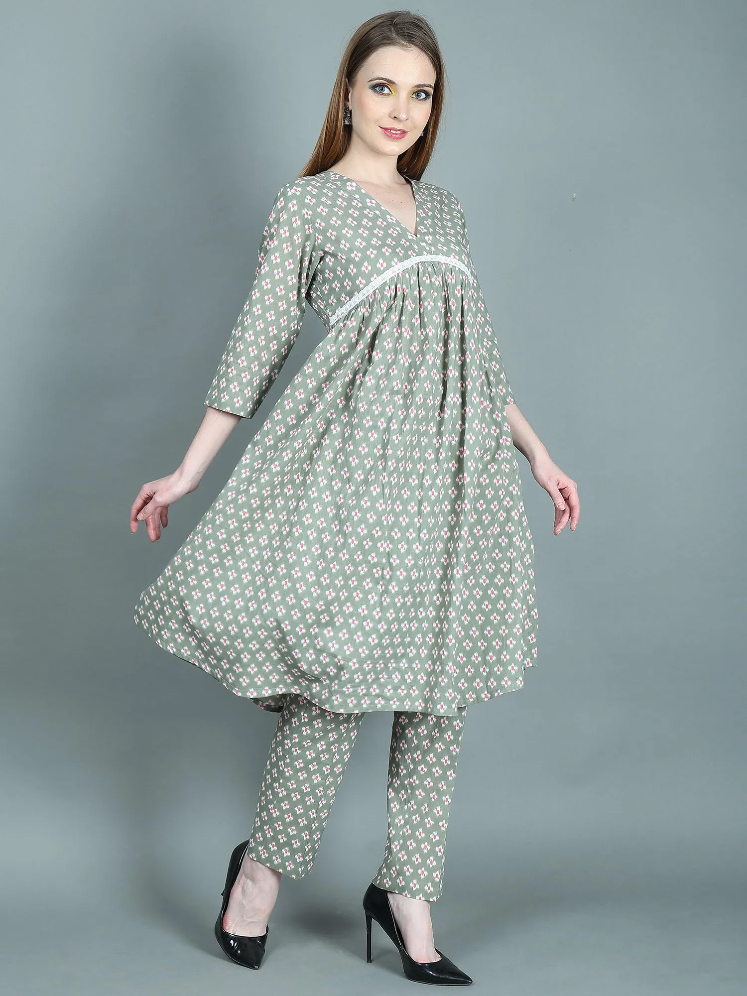 RIHANA PRINTED GREEN LONG SLEEVES COTTON SUIT WITH LACE