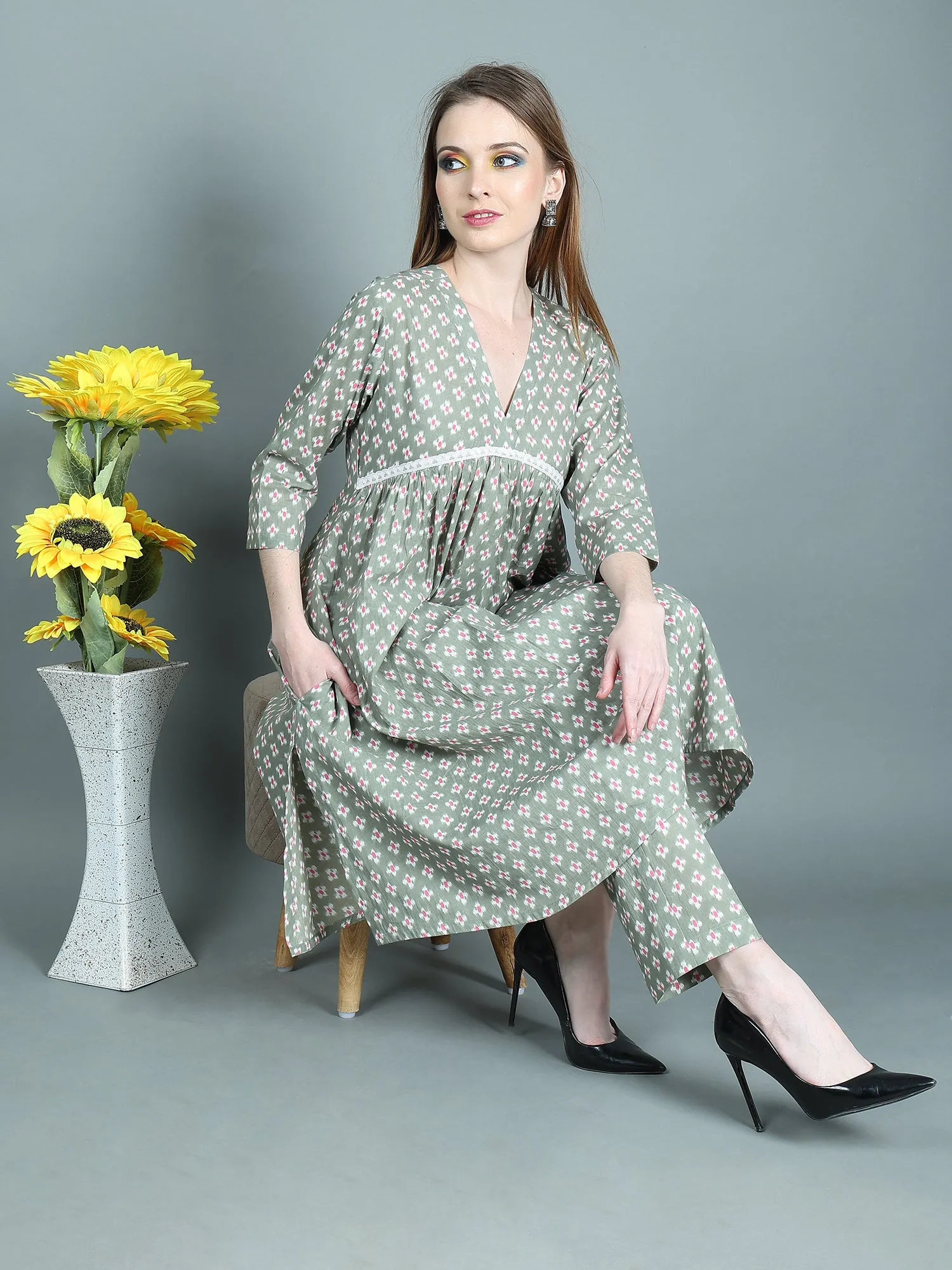 RIHANA PRINTED GREEN LONG SLEEVES COTTON SUIT WITH LACE