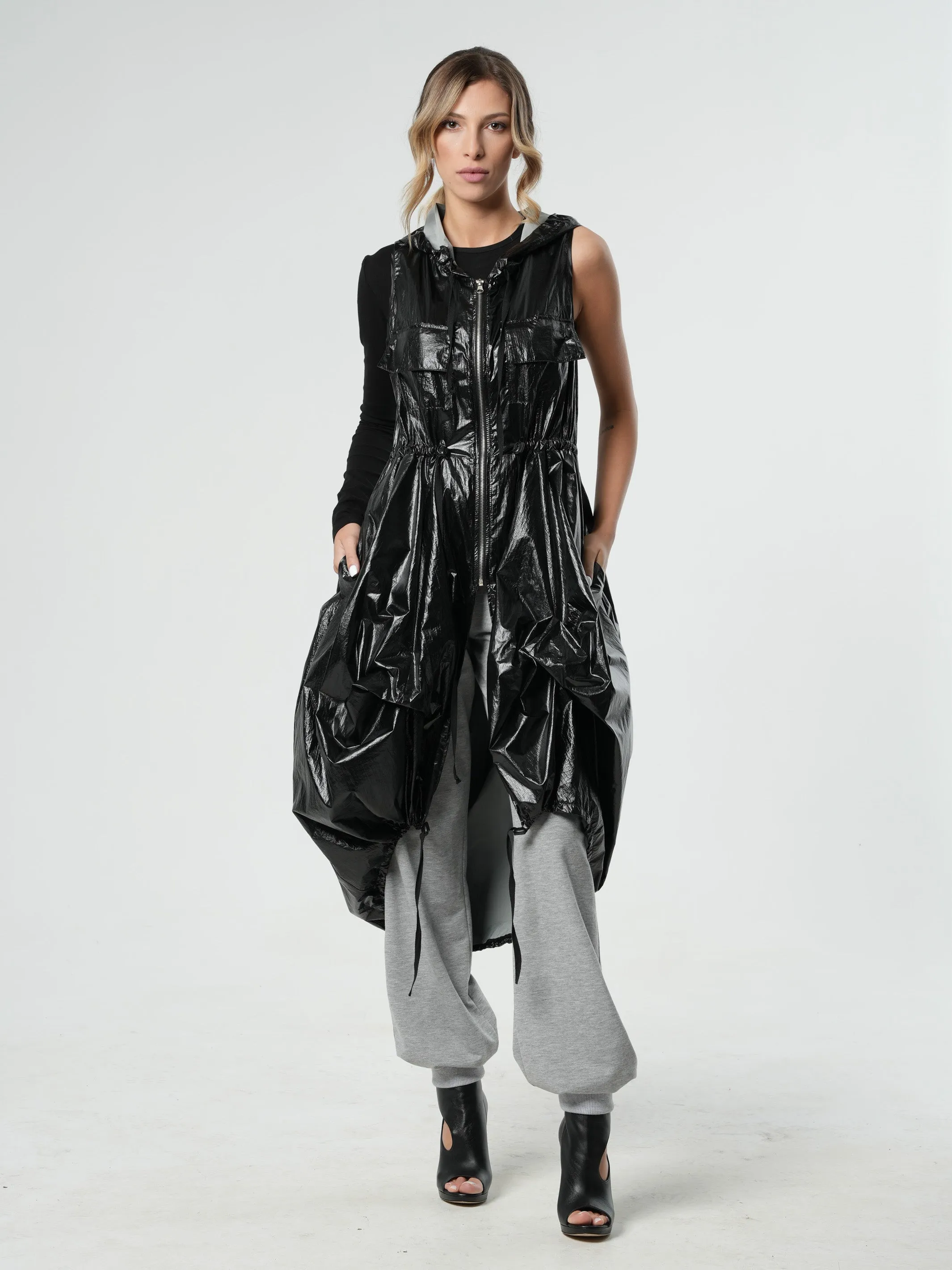 Shiny Sleeveless Zipper Vest In Green