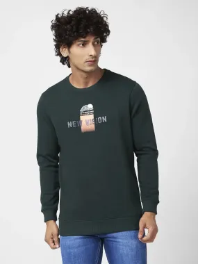 Spykar Men Bottle Green Blended Slim Fit Full Sleeve Round Neck Printed Casual Sweatshirt