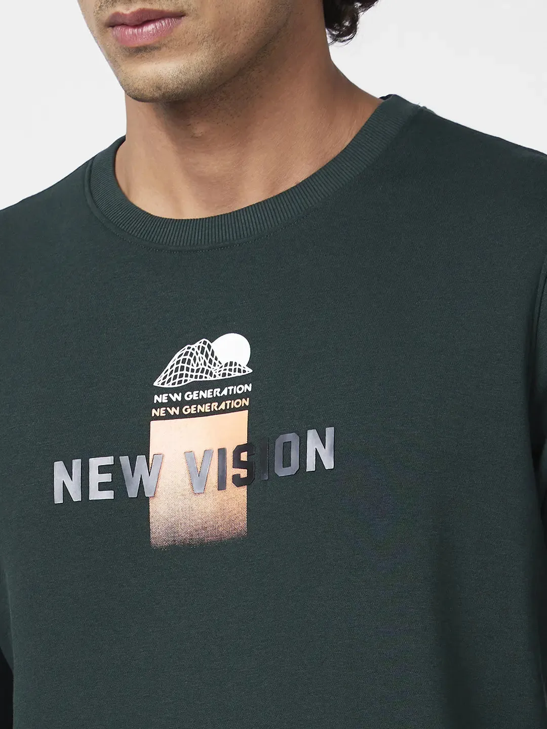 Spykar Men Bottle Green Blended Slim Fit Full Sleeve Round Neck Printed Casual Sweatshirt