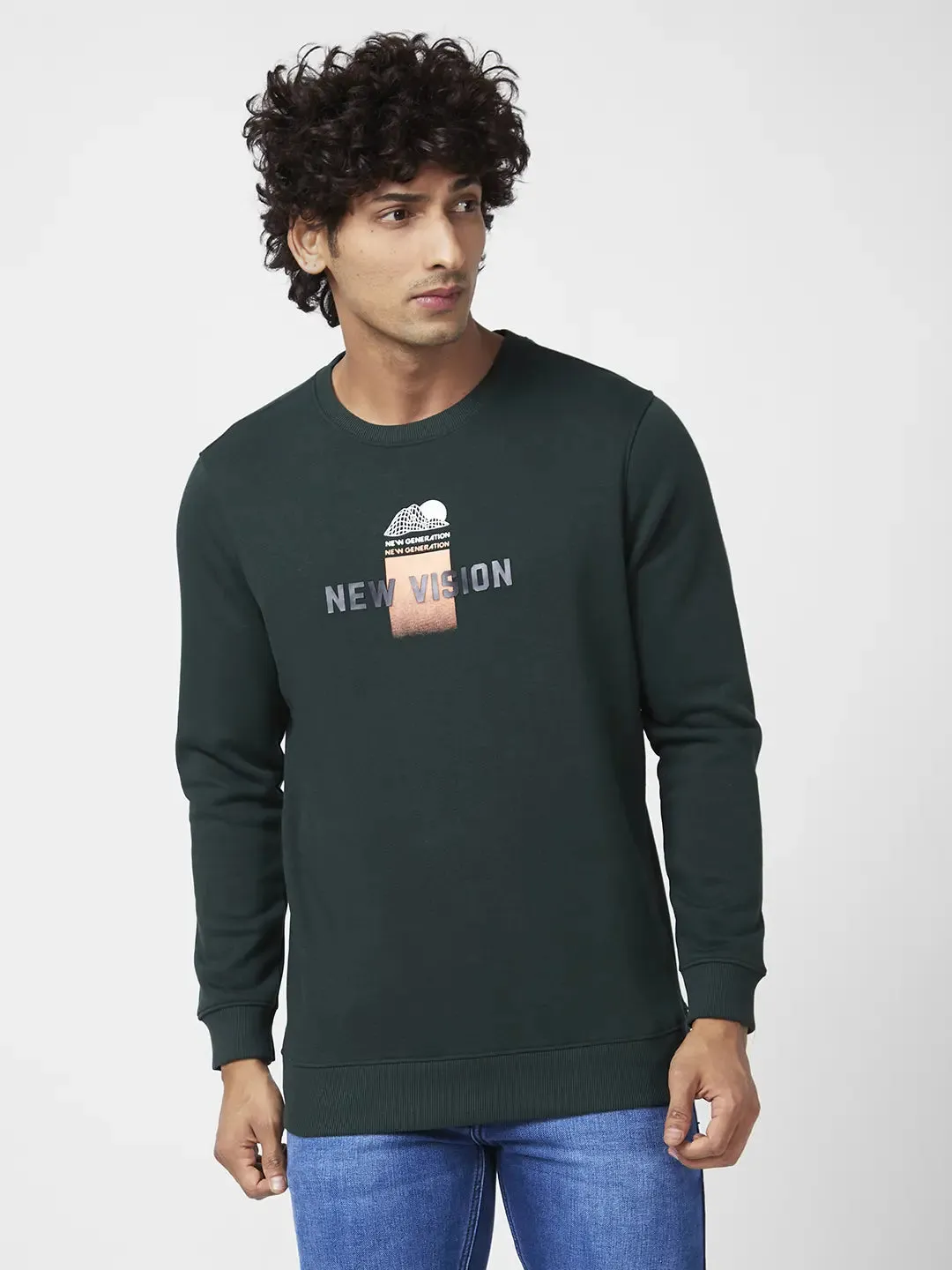 Spykar Men Bottle Green Blended Slim Fit Full Sleeve Round Neck Printed Casual Sweatshirt