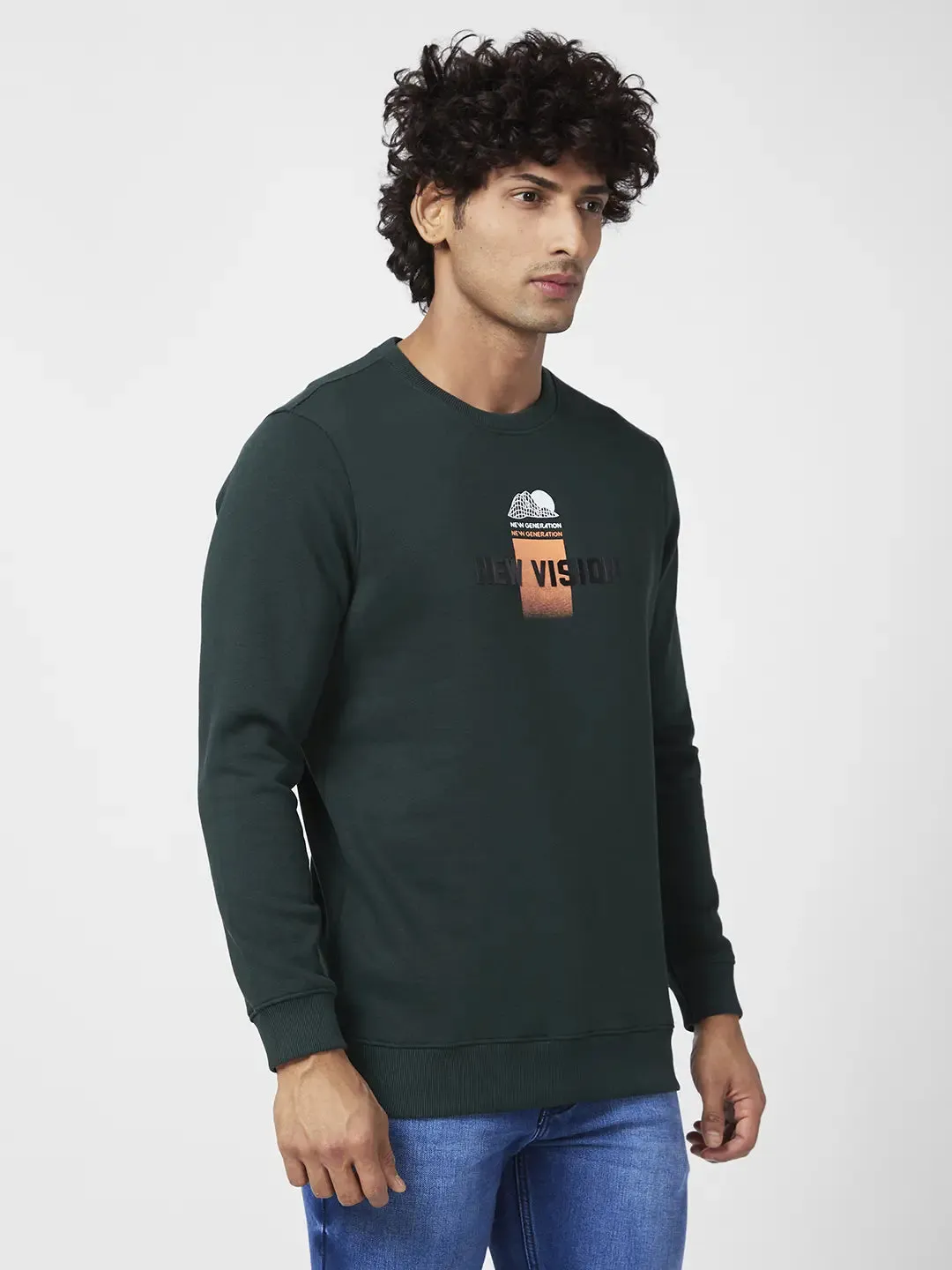 Spykar Men Bottle Green Blended Slim Fit Full Sleeve Round Neck Printed Casual Sweatshirt