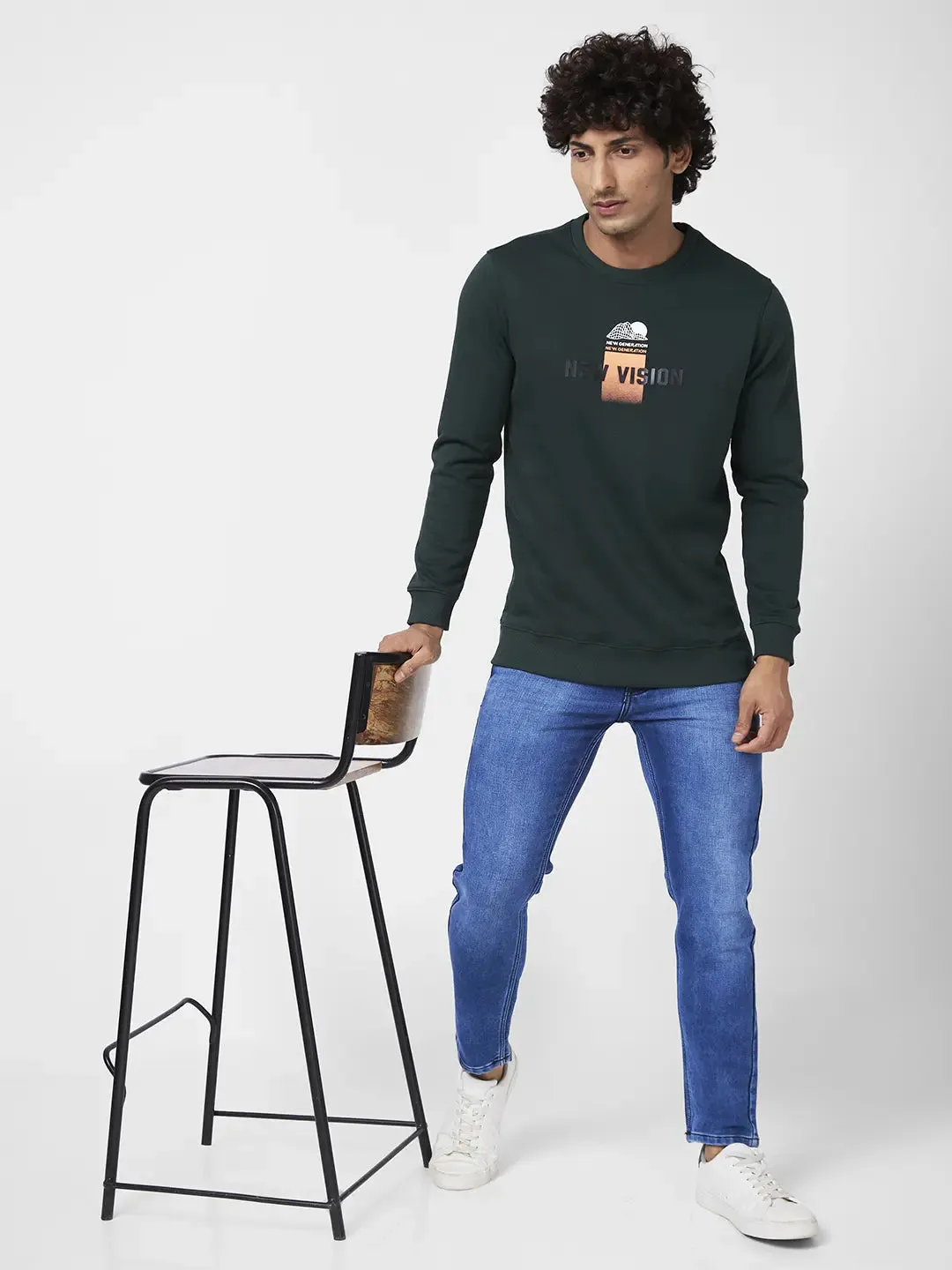 Spykar Men Bottle Green Blended Slim Fit Full Sleeve Round Neck Printed Casual Sweatshirt