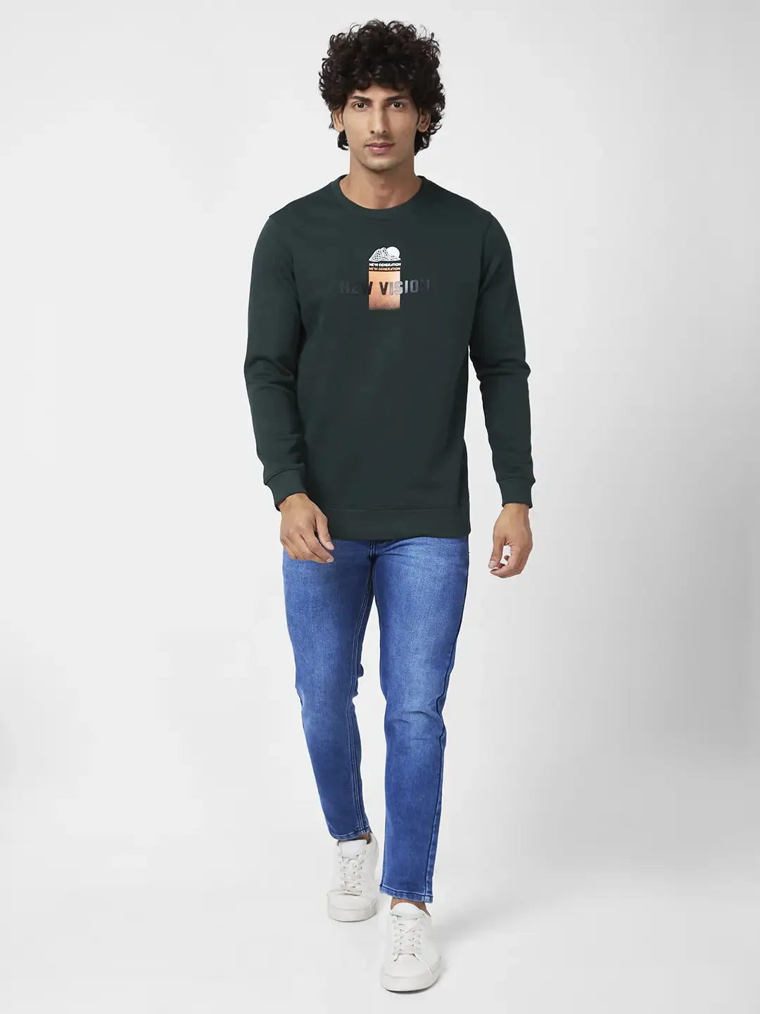 Spykar Men Bottle Green Blended Slim Fit Full Sleeve Round Neck Printed Casual Sweatshirt