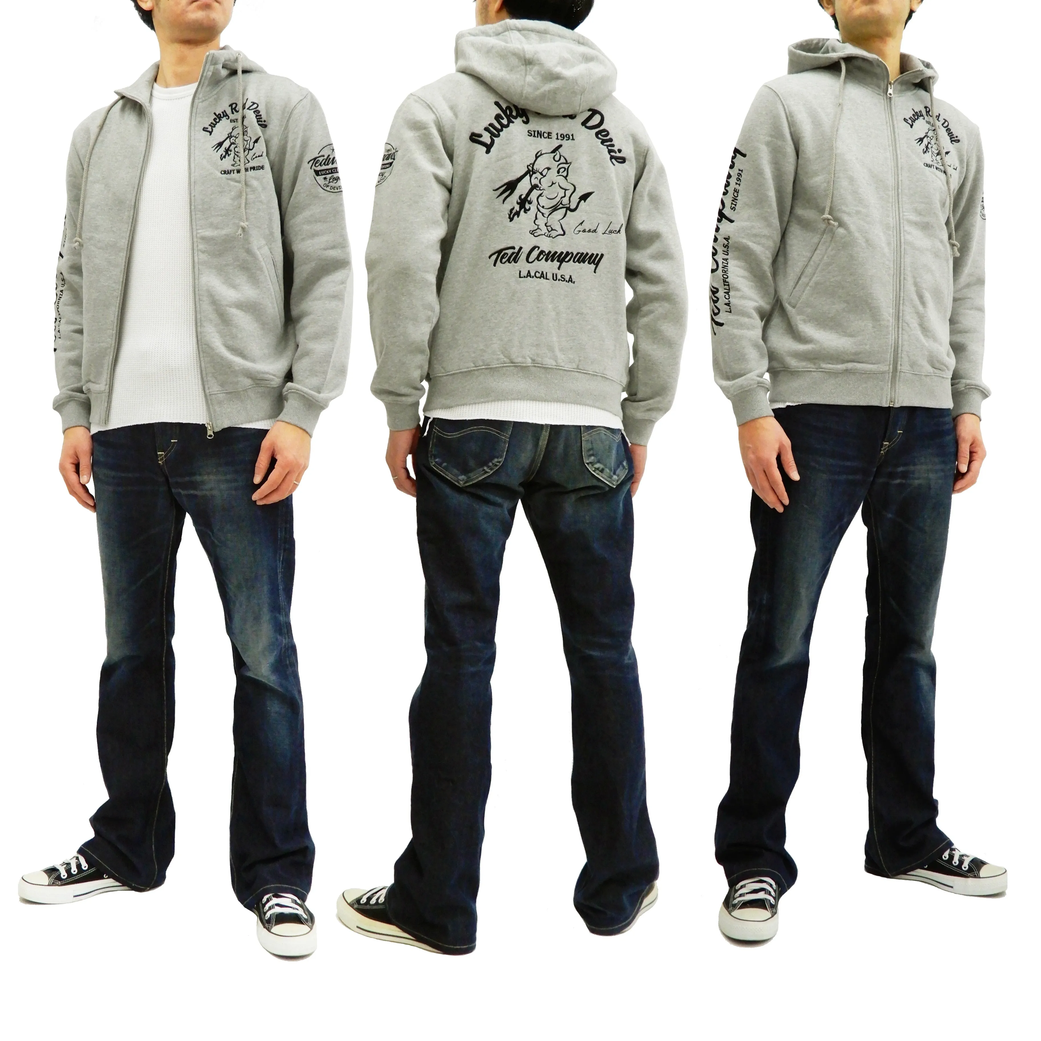 Tedman Men's Full Zip Hoodie Zip-Up Embroidered Hooded Sweatshirt TDSP-150 Ash-Gray