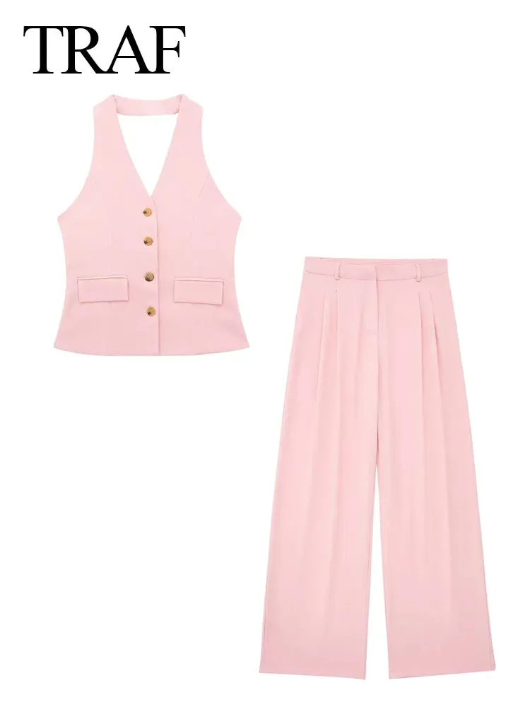 TRAF Women 2 Piece Set Halter Neck Single-Breasted Pocket Sleeveless Halter Vest Tops High Waist Zipper Pockets Wide Leg Pant