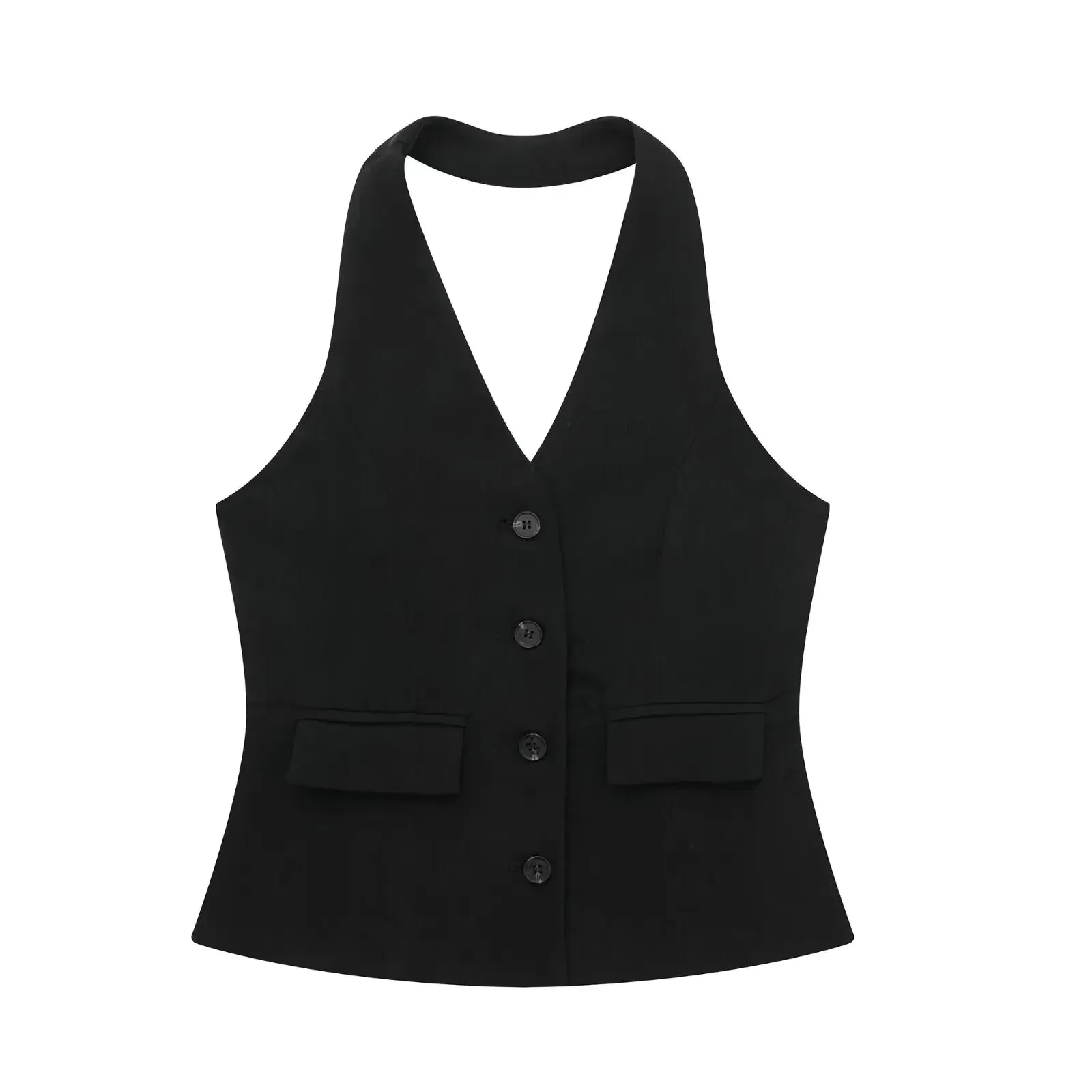 TRAF Women 2 Piece Set Halter Neck Single-Breasted Pocket Sleeveless Halter Vest Tops High Waist Zipper Pockets Wide Leg Pant